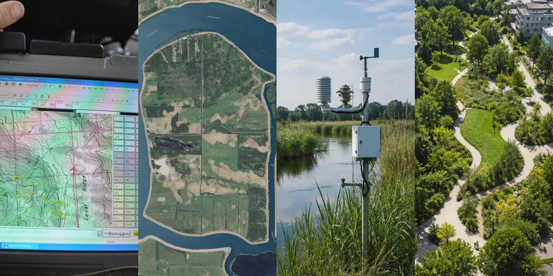 Luchtbeeld van een openbaar park met paden, bomen en plantvakken
